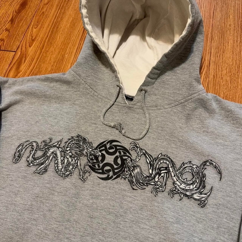 Top Heavy Men's Hoodie Vintage Y2K Dragon Skater Baggy Gray
